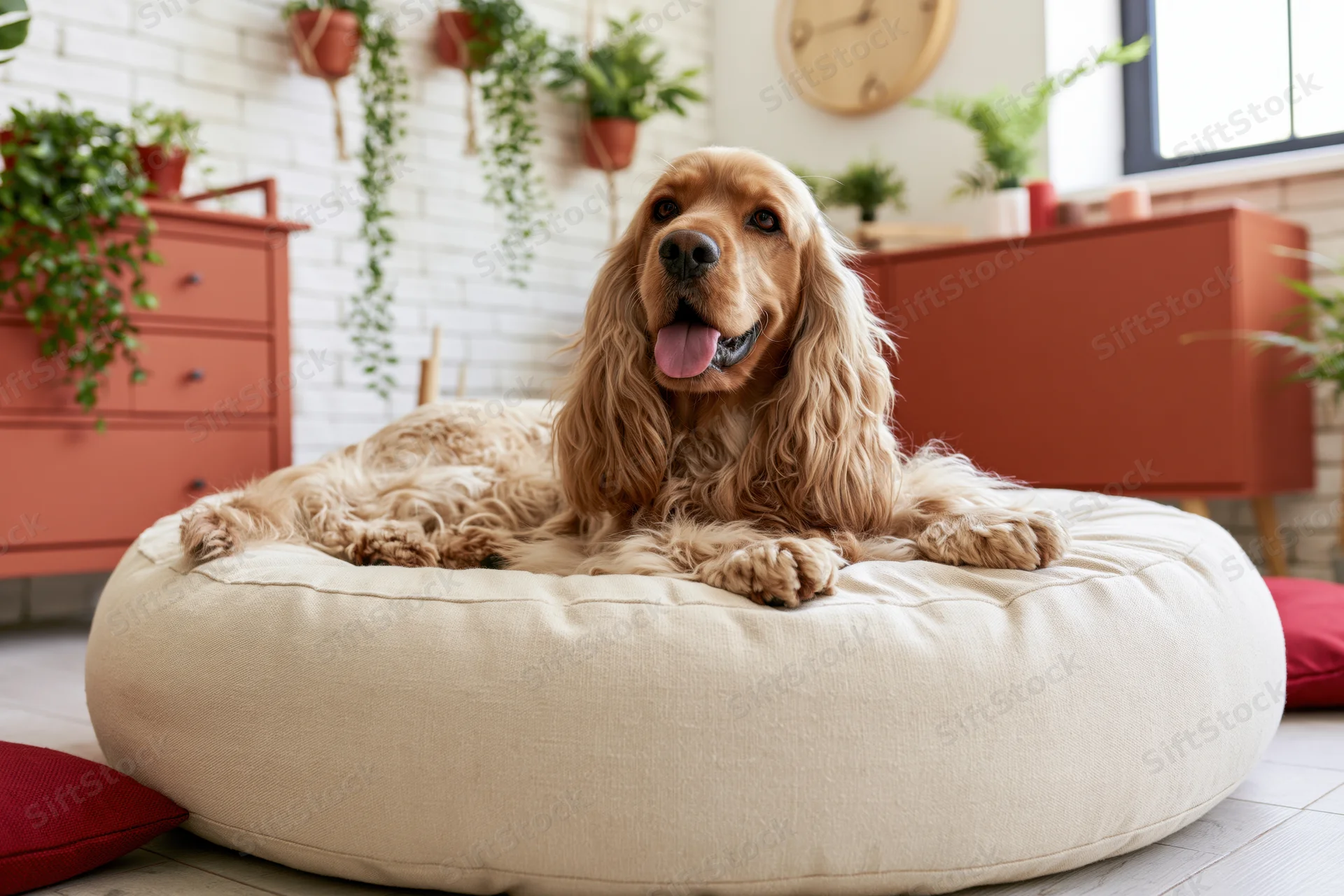 Golden cocker spaniel lying on a large round cream dog bed in a bright living room with plants and orange furniture