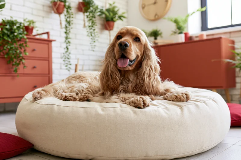 Golden cocker spaniel lying on a large round cream dog bed in a bright living room with plants and orange furniture