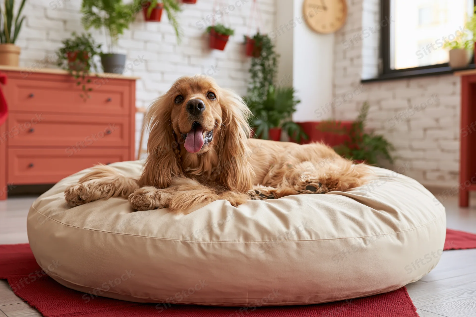 Golden cocker spaniel lying on a large round cream dog bed in a cozy living room