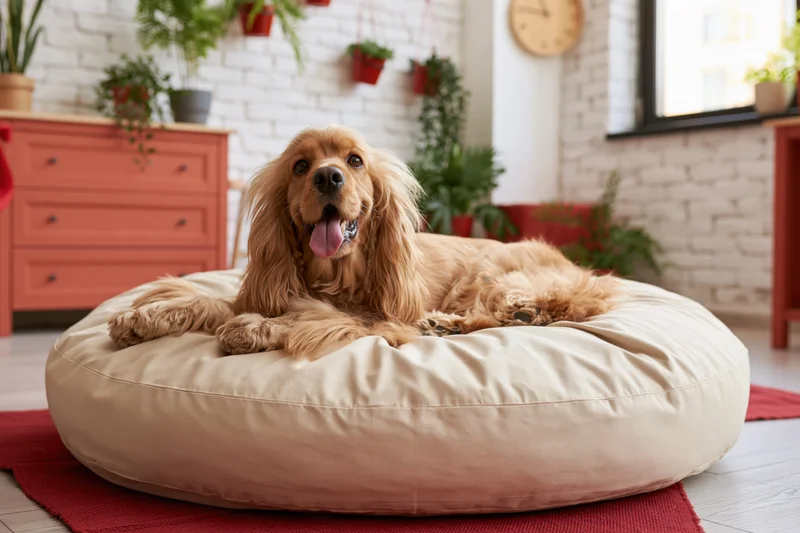 Golden cocker spaniel lying on a large round cream dog bed in a cozy living room