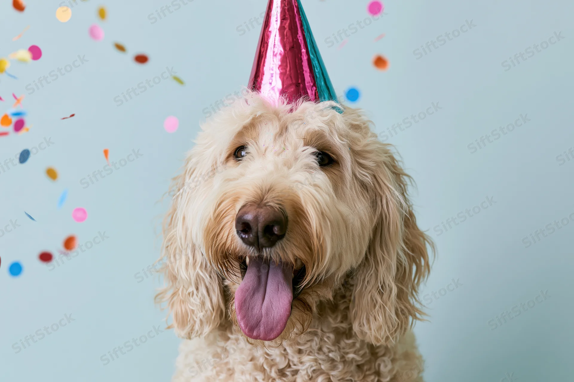 Golden doodle dog wearing a metallic party hat with tongue out amidst falling confetti against a light blue background