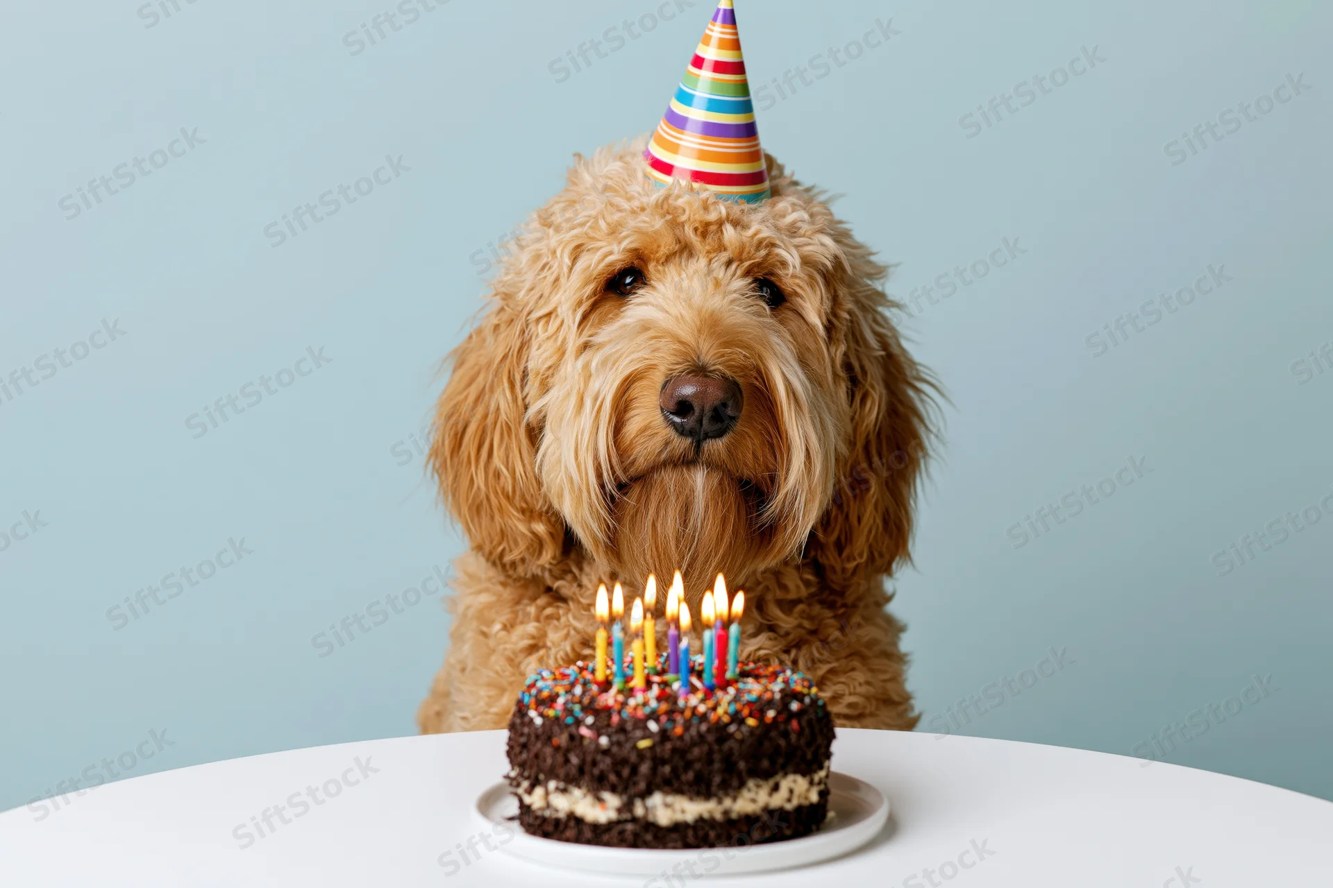Golden doodle dog wearing rainbow party hat sitting before chocolate birthday cake with lit candles on white table