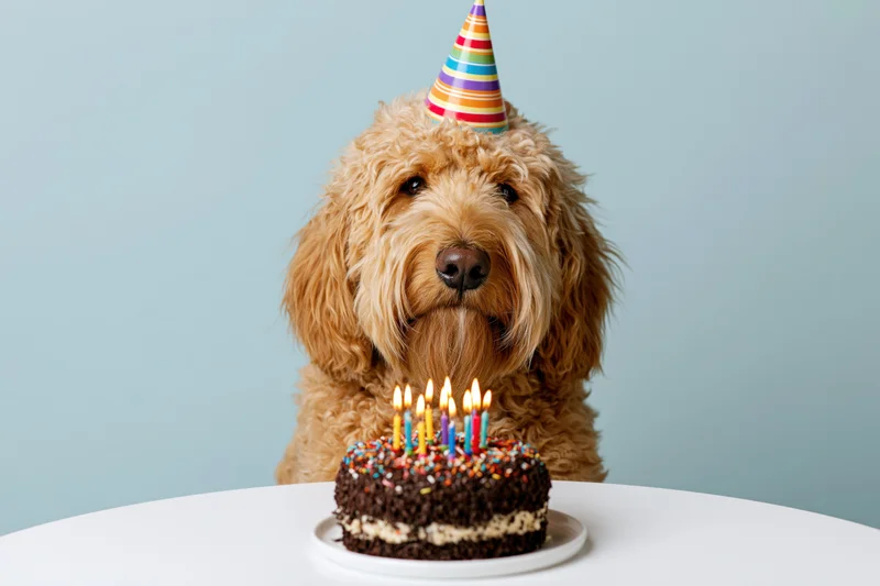 Golden doodle dog wearing rainbow party hat sitting before chocolate birthday cake with lit candles on white table