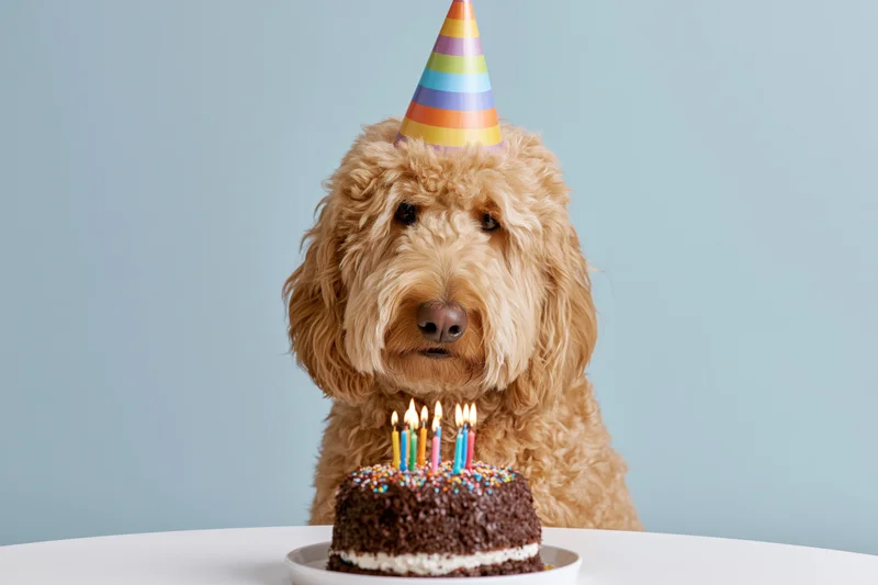 Golden doodle dog wearing rainbow party hat sitting before chocolate birthday cake with candles on white table