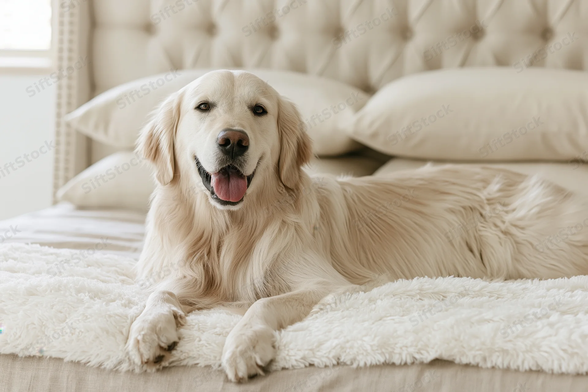 Golden retriever lying relaxed on a bed with mouth open and tongue out on a fluffy white rug