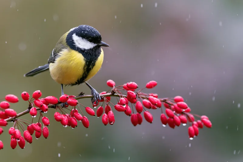 Great tit perched on a barberry branch with red berries in light snow