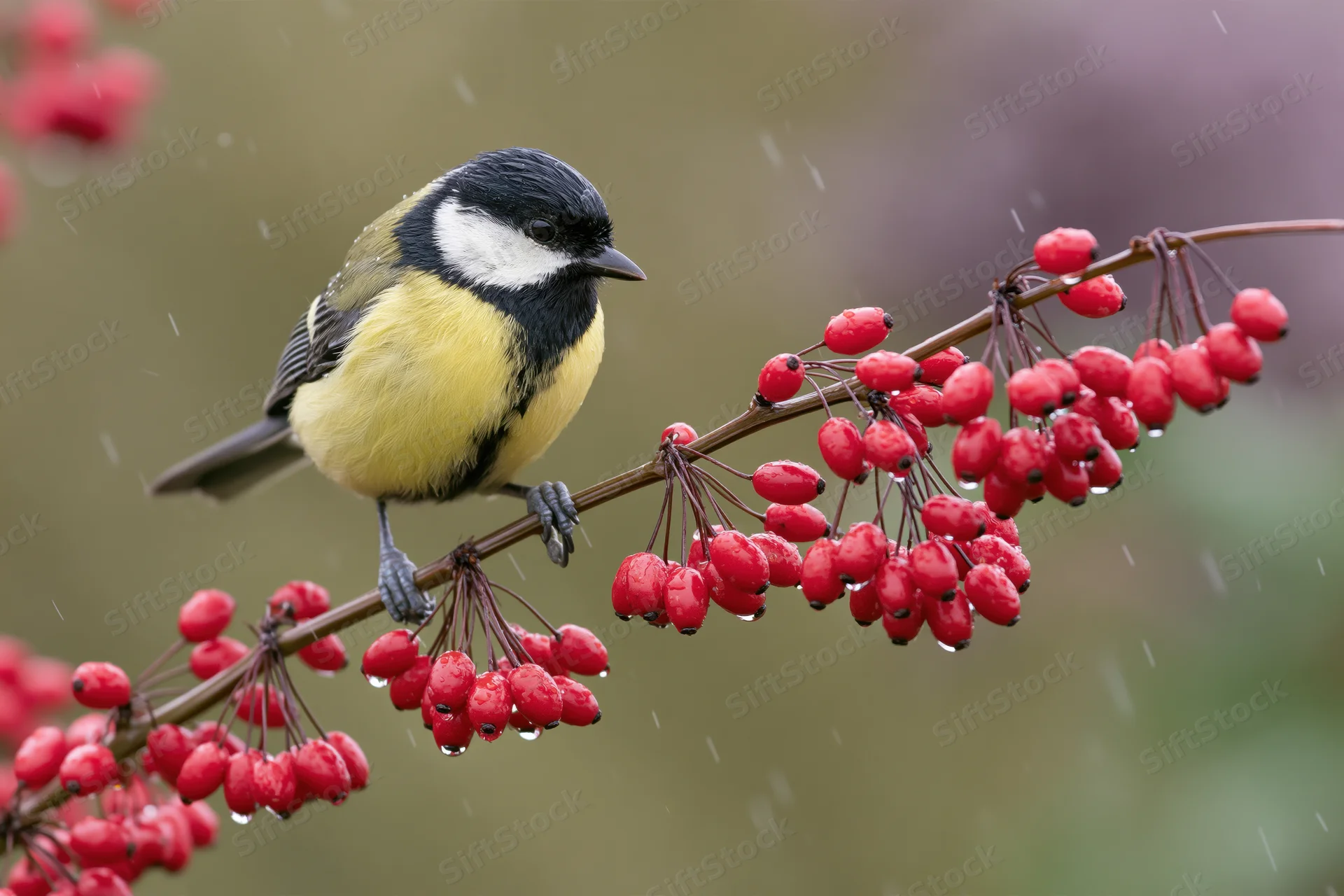 Great tit perched on a barberry branch with red berries in light rain