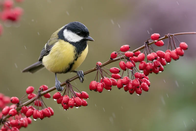 Great tit perched on a barberry branch with red berries in light rain