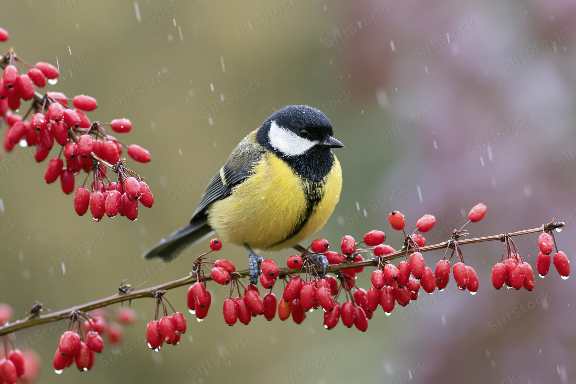 Great tit perched on a barberry branch with red berries in light rain