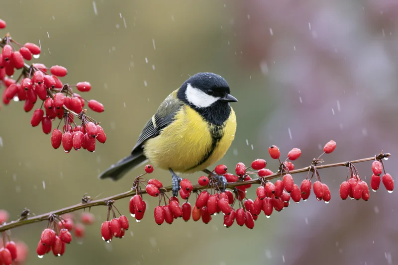 Great tit perched on a barberry branch with red berries in light rain