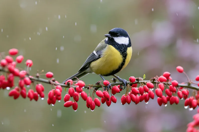 Great tit perched on a barberry branch with red berries in light rain
