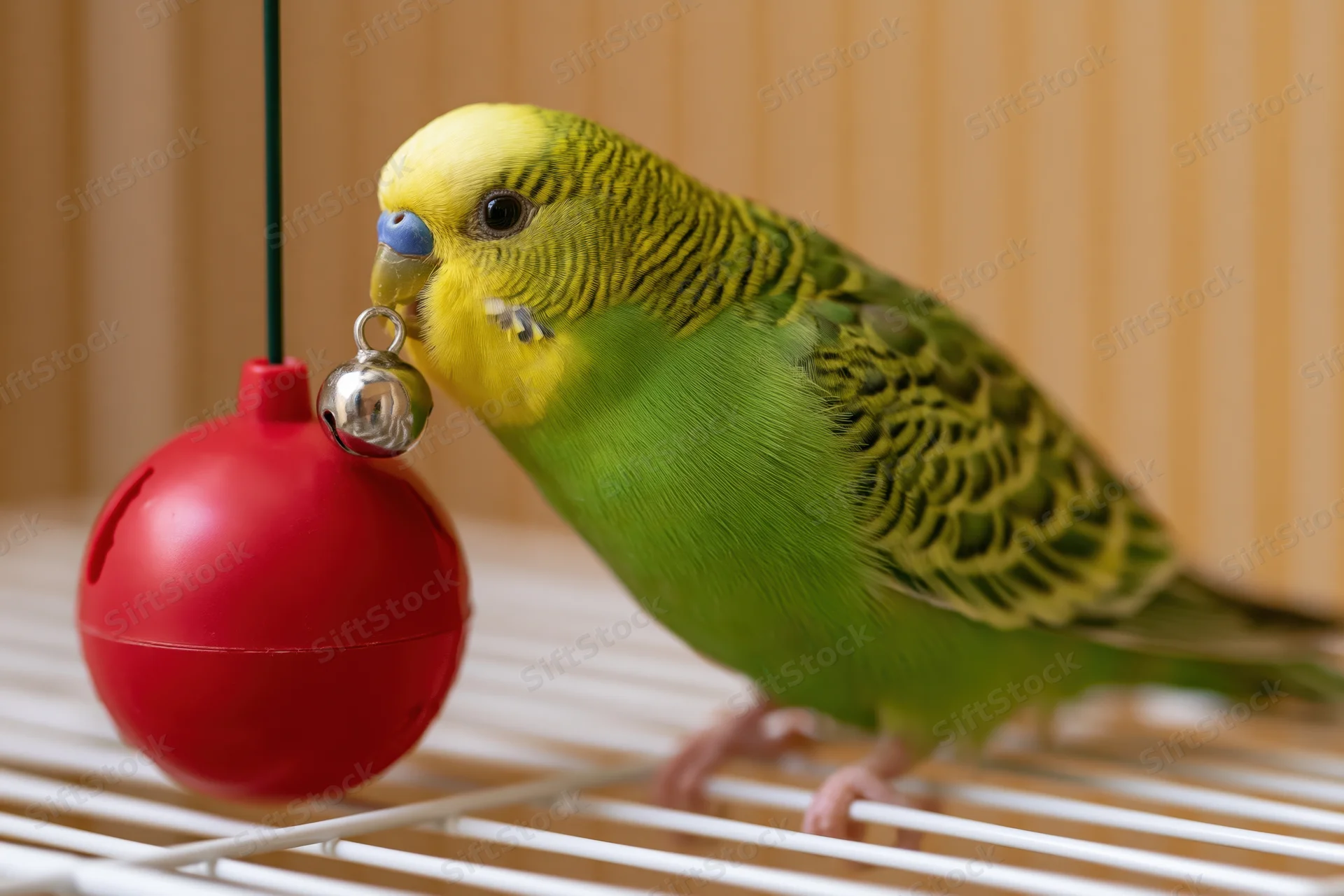 Green and yellow budgerigar perched sideways on white cage bar biting red hanging bell ornament