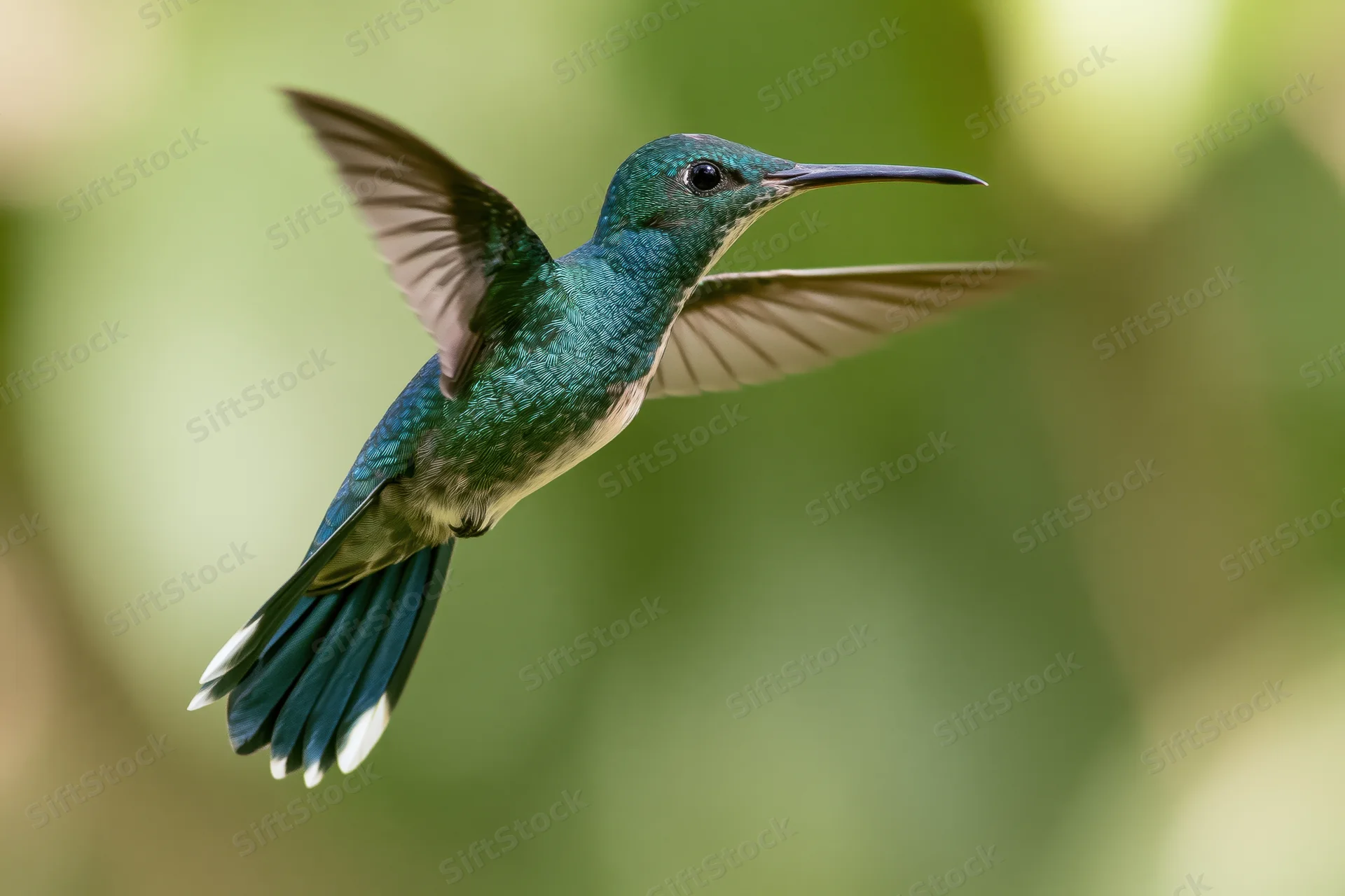 Green hummingbird hovering mid-flight with wings spread wide in natural foliage background