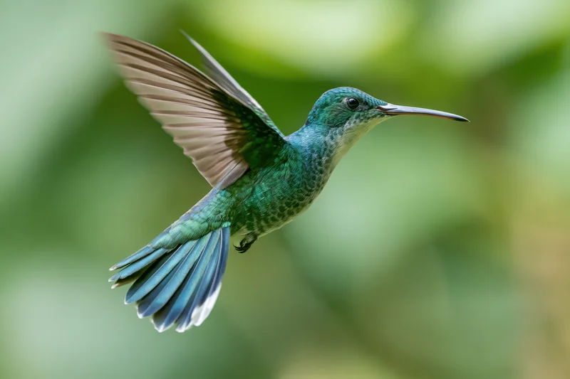 Green hummingbird hovering mid-flight with wings spread in a lush natural setting