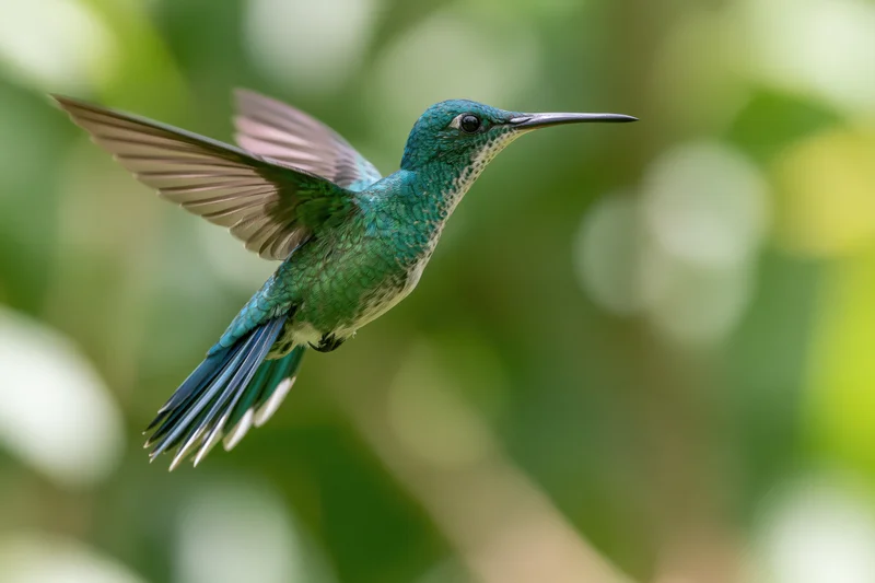 Green hummingbird hovering mid-flight with wings spread in a lush forest setting