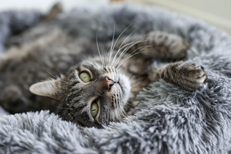 Grey tabby cat lying on its back in a fluffy grey pet bed