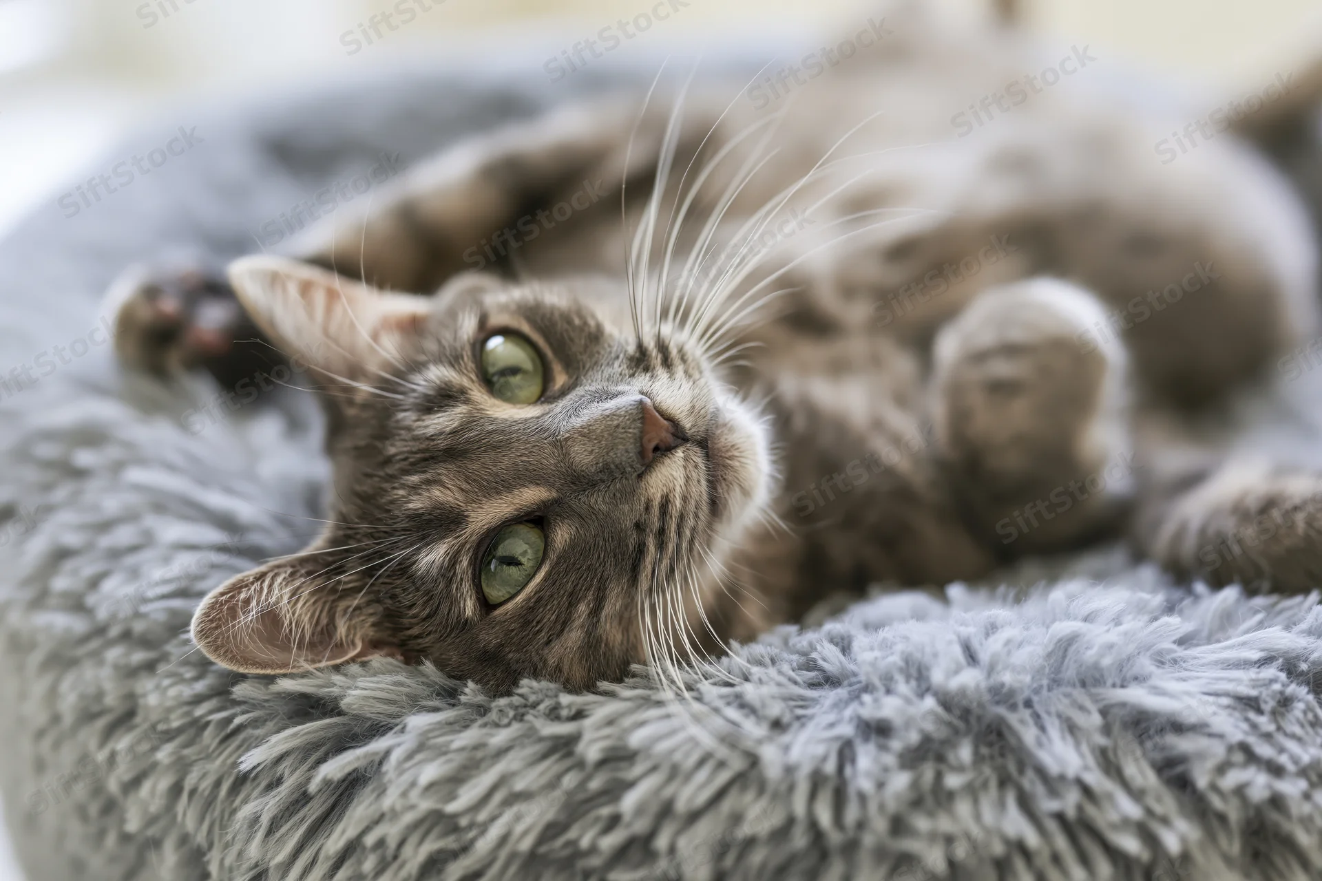 Grey tabby cat lying on its back on a fluffy grey bed