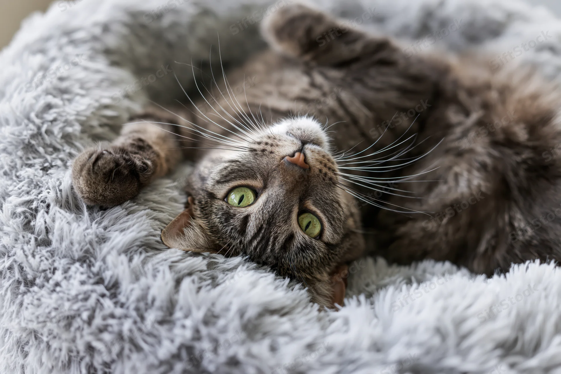 Grey tabby cat lying on its back on a fluffy grey pet bed