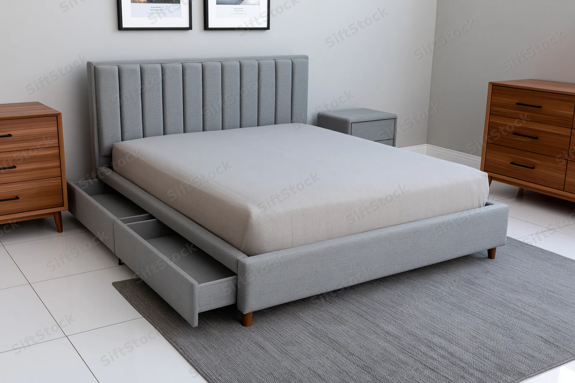 Grey upholstered queen bed with vertical channel tufting and storage drawers in a modern bedroom setting