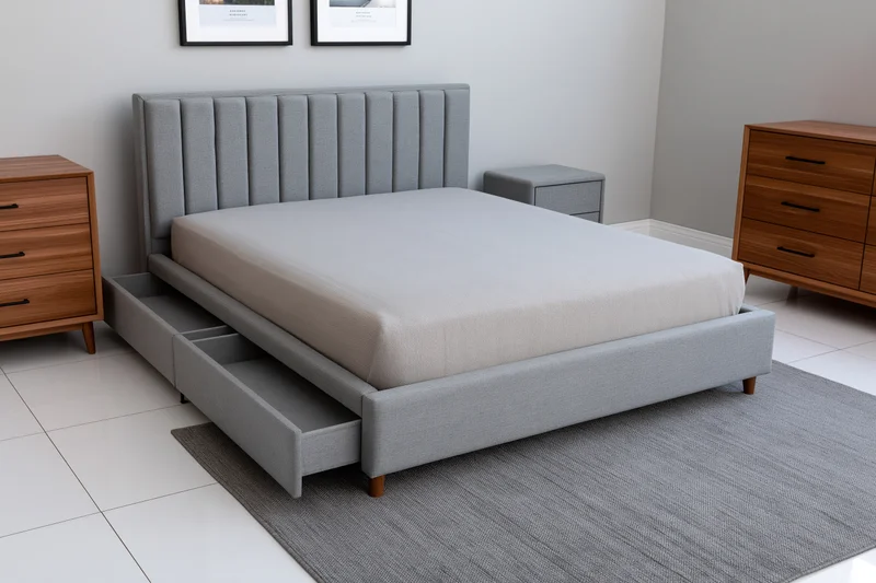 Grey upholstered queen bed with vertical channel tufting and storage drawers in a modern bedroom setting