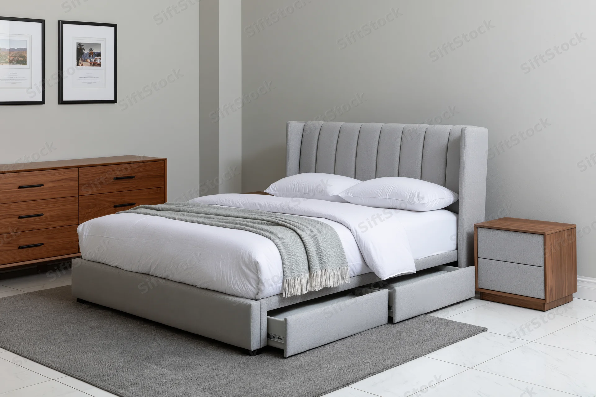 Grey upholstered queen bed with channel tufted headboard and underbed drawers in a modern bedroom setting