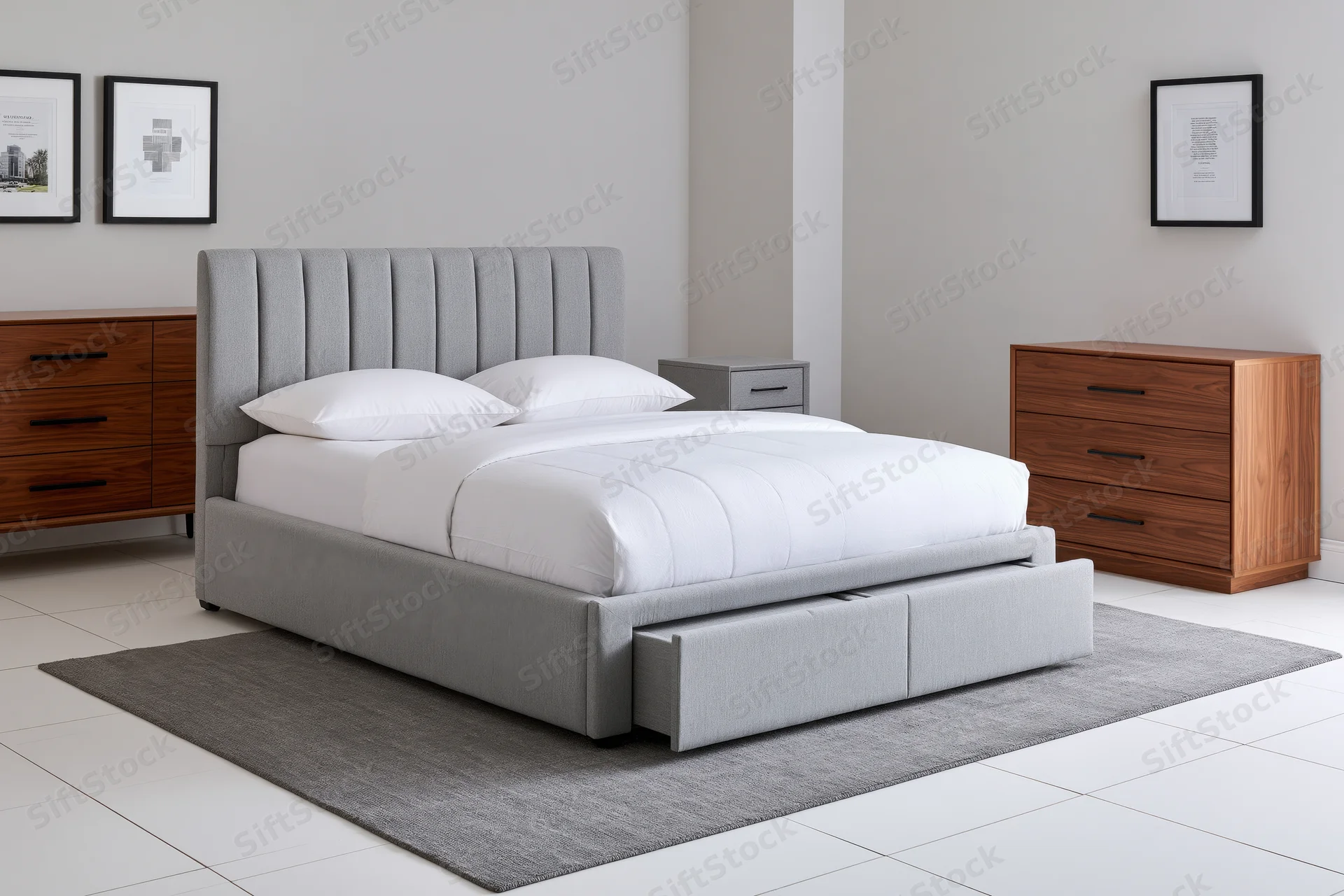 Grey upholstered queen bed frame with vertical channel tufting