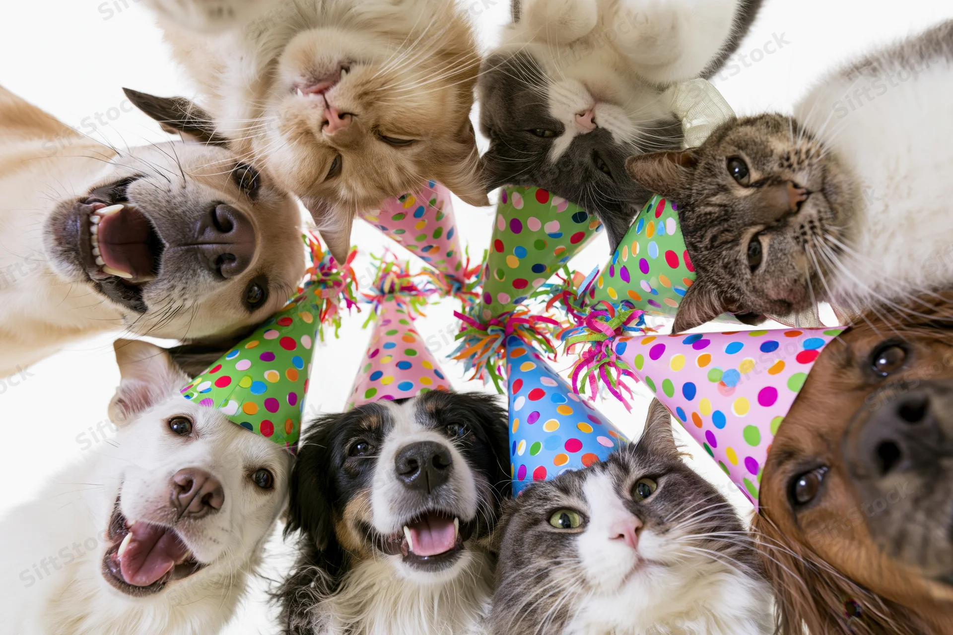 Dogs and cats wearing colorful polka-dot party hats in a circle, isolated on white background