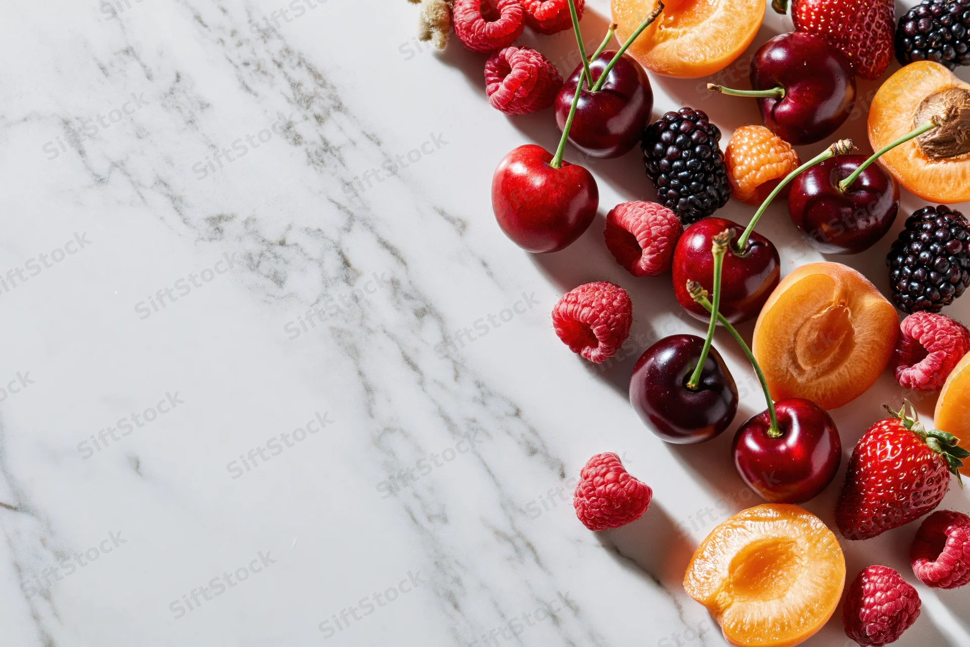 Halved apricots, cherries, strawberries, raspberries and blackberries arranged on a white marble surface