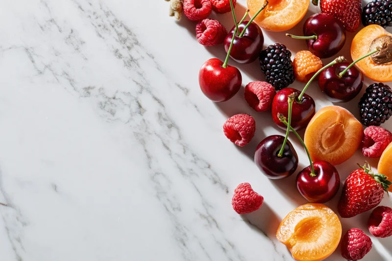 Halved apricots, cherries, strawberries, raspberries and blackberries arranged on a white marble surface