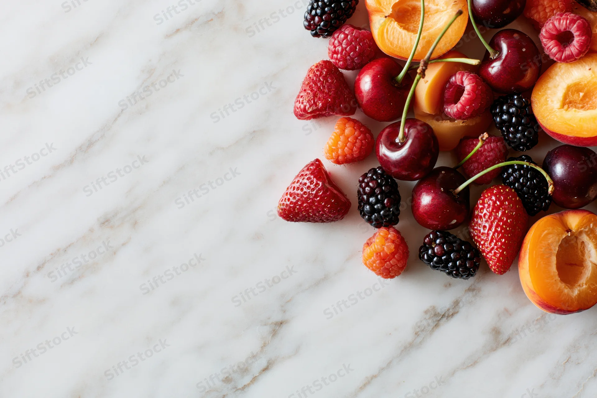 Halved apricots, cherries, strawberries, raspberries and blackberries arranged on a marble countertop