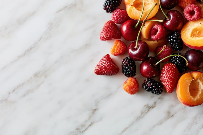 Halved apricots, cherries, strawberries, raspberries and blackberries arranged on a marble countertop