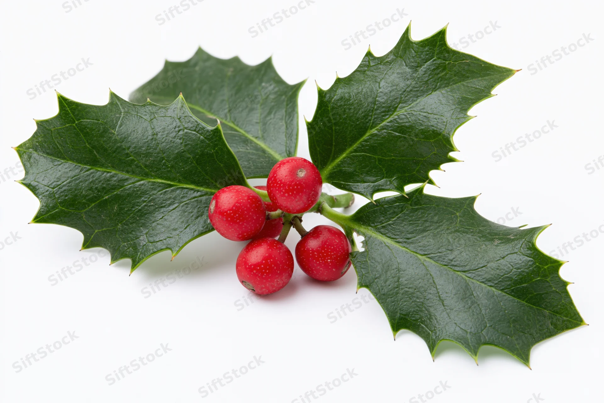 Holly sprig with dark green spiky leaves and red berries on white background