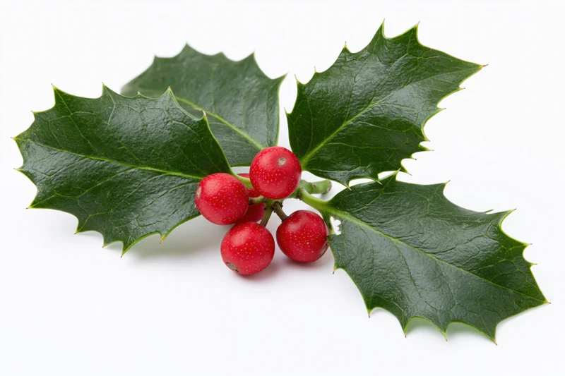 Holly sprig with dark green spiky leaves and red berries on white background