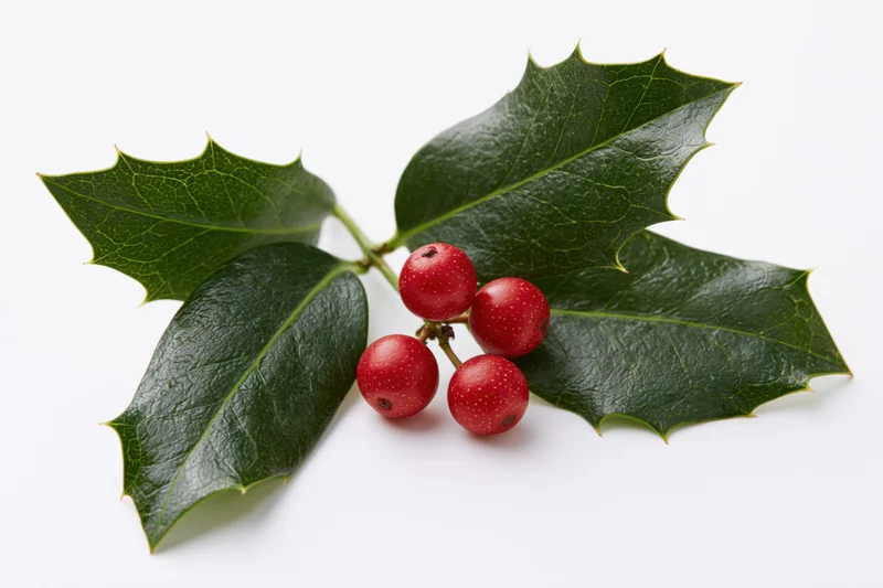 Holly sprig with dark green spiky leaves and red berries on white background