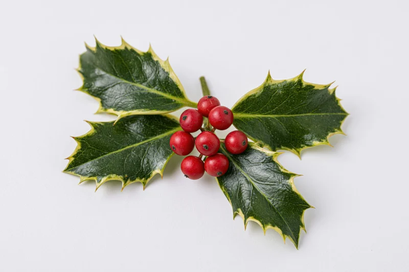 Holly sprig with spiky variegated leaves and red berries on white background