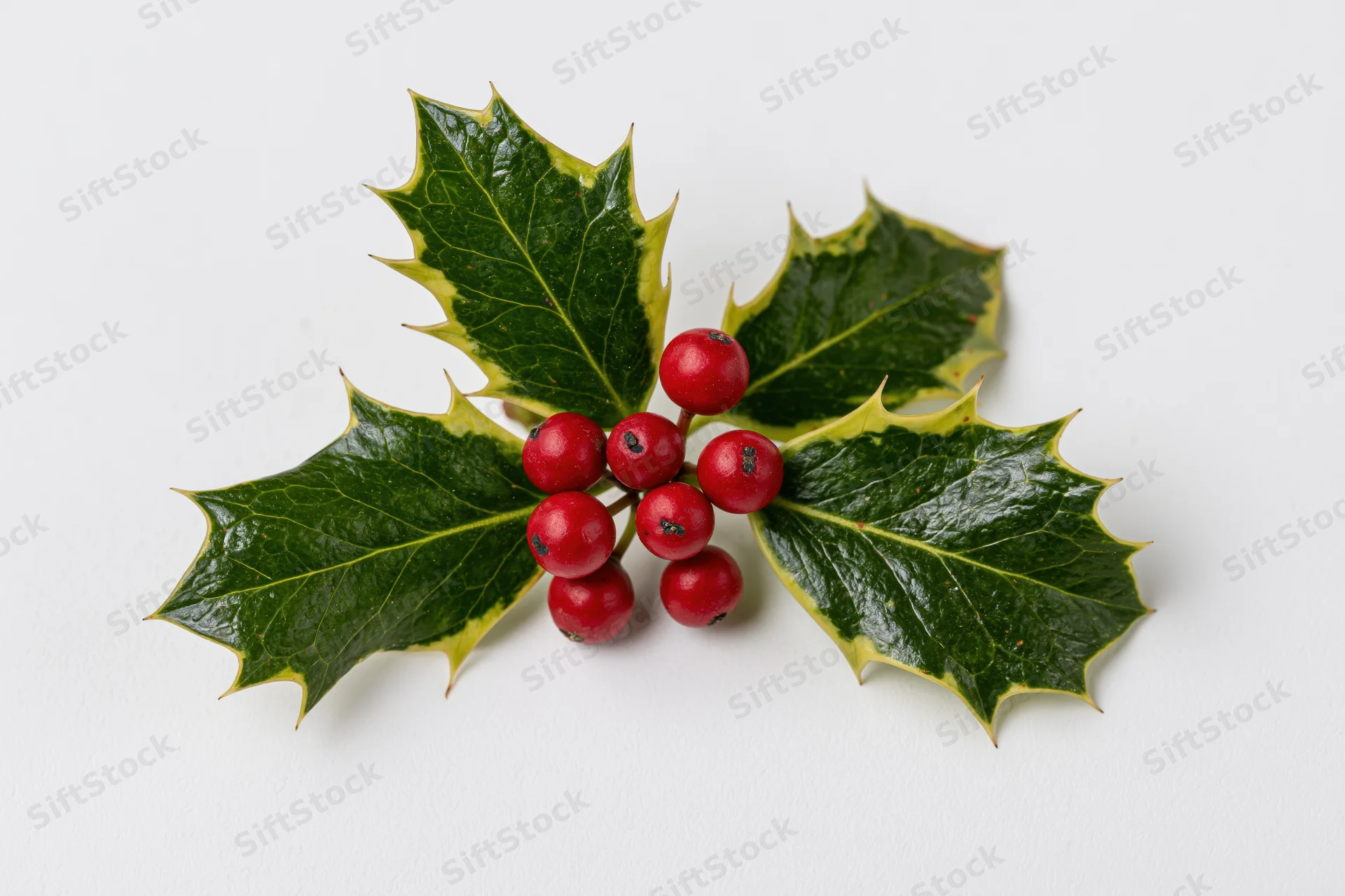 Holly sprig with three spiky leaves and a cluster of red berries on white background