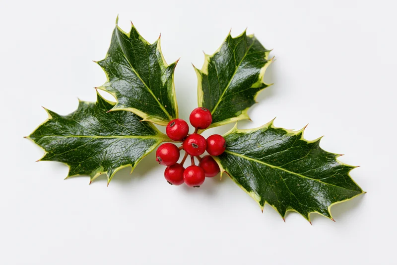Holly sprig with spiky leaves and red berries on white background