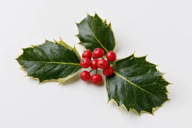 Holly sprig with three spiky leaves and a cluster of seven red berries on white background