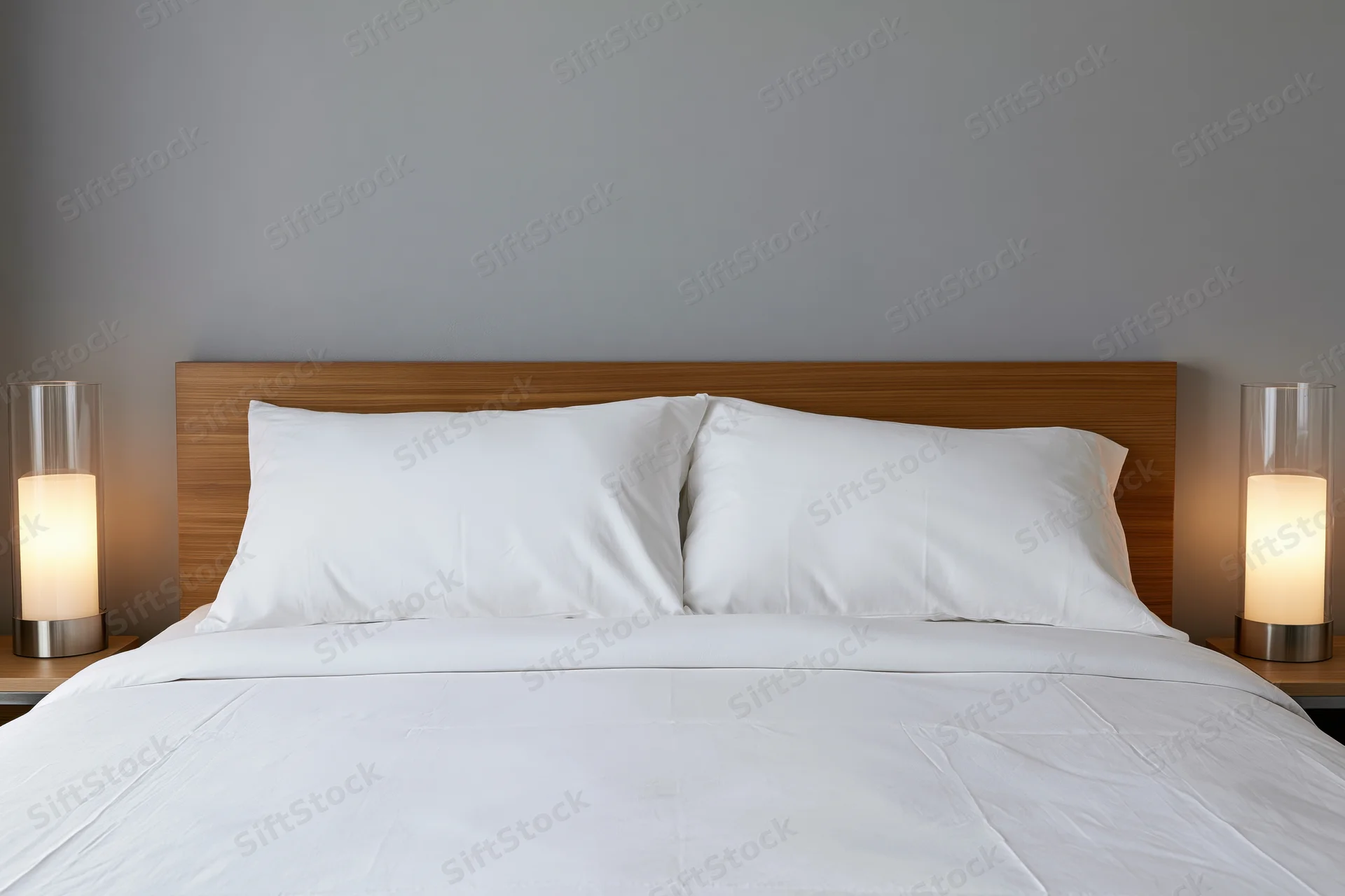 Hotel bed with white pillows on a modern wooden headboard flanked by lamps against a gray wall