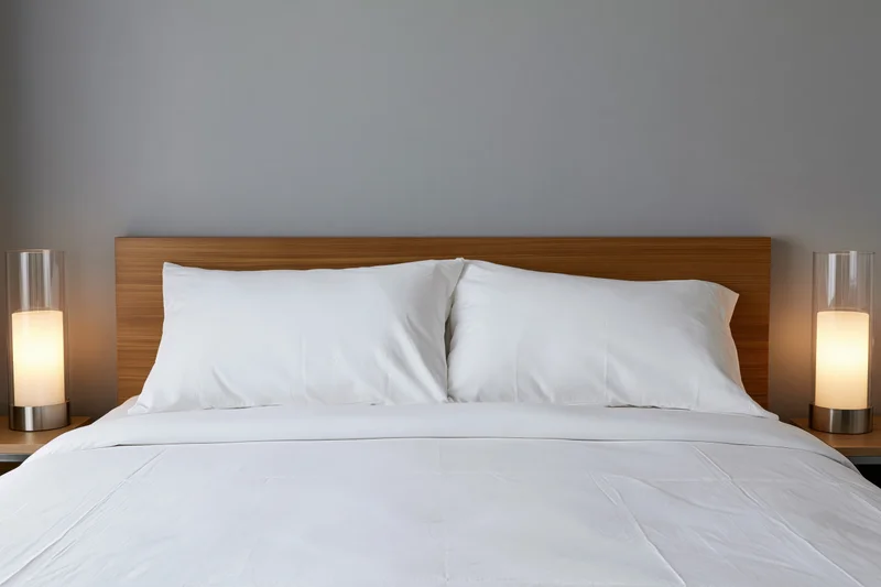 Hotel bed with white pillows on a modern wooden headboard flanked by lamps against a gray wall