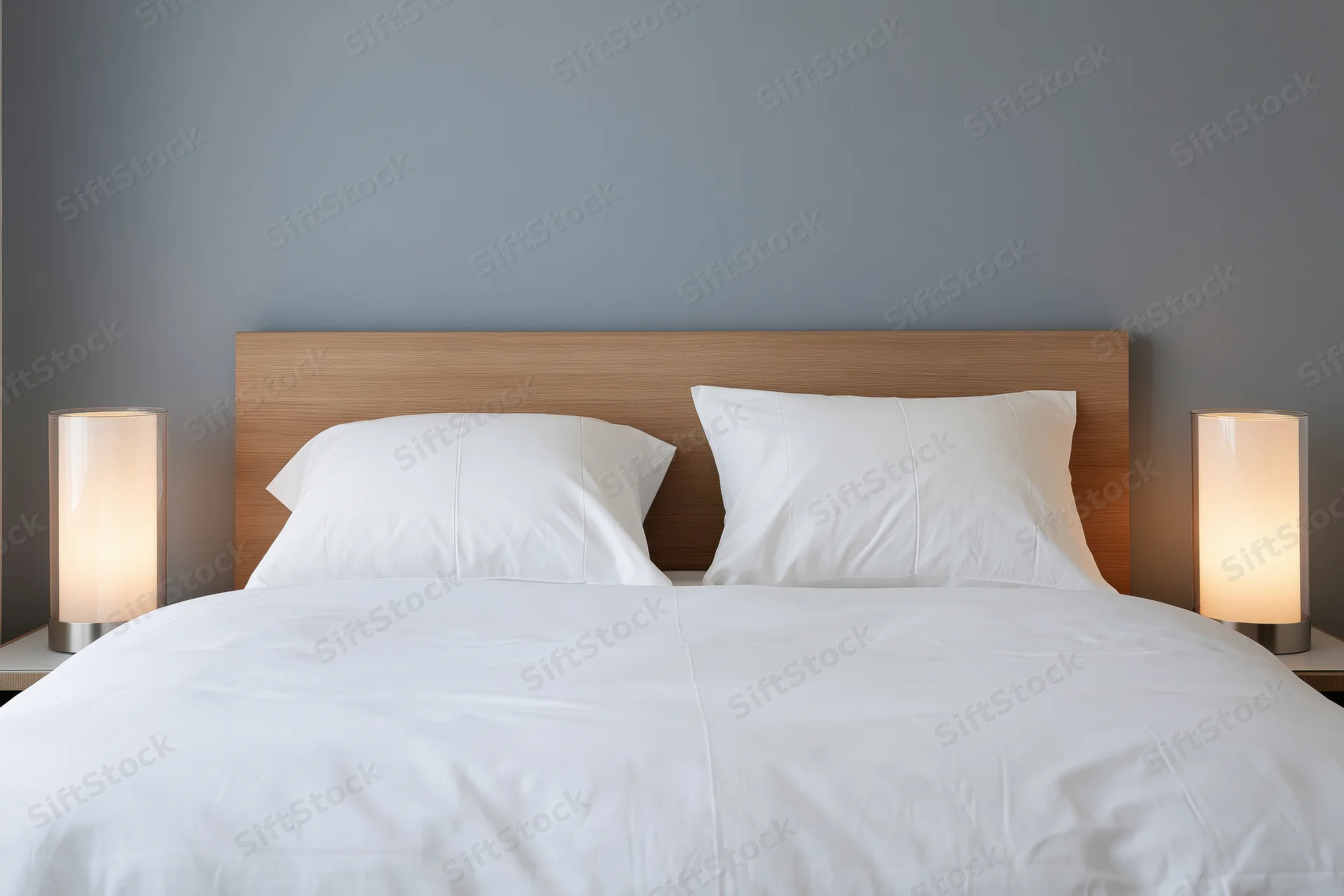 Hotel bed with white pillows on a modern wooden headboard flanked by lamps against a gray wall