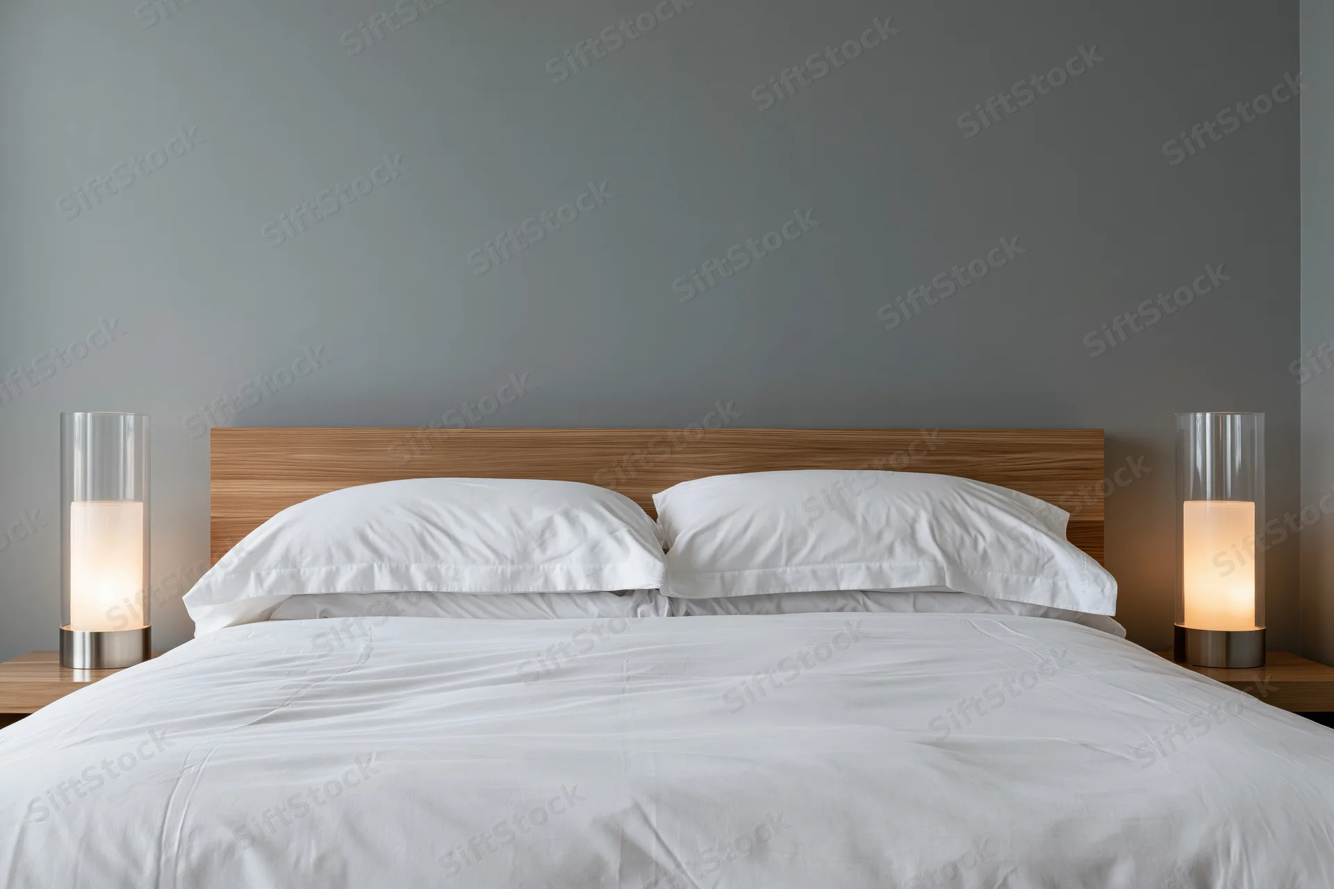 Hotel bed with white pillows on a modern wooden headboard flanked by lamps on nightstands