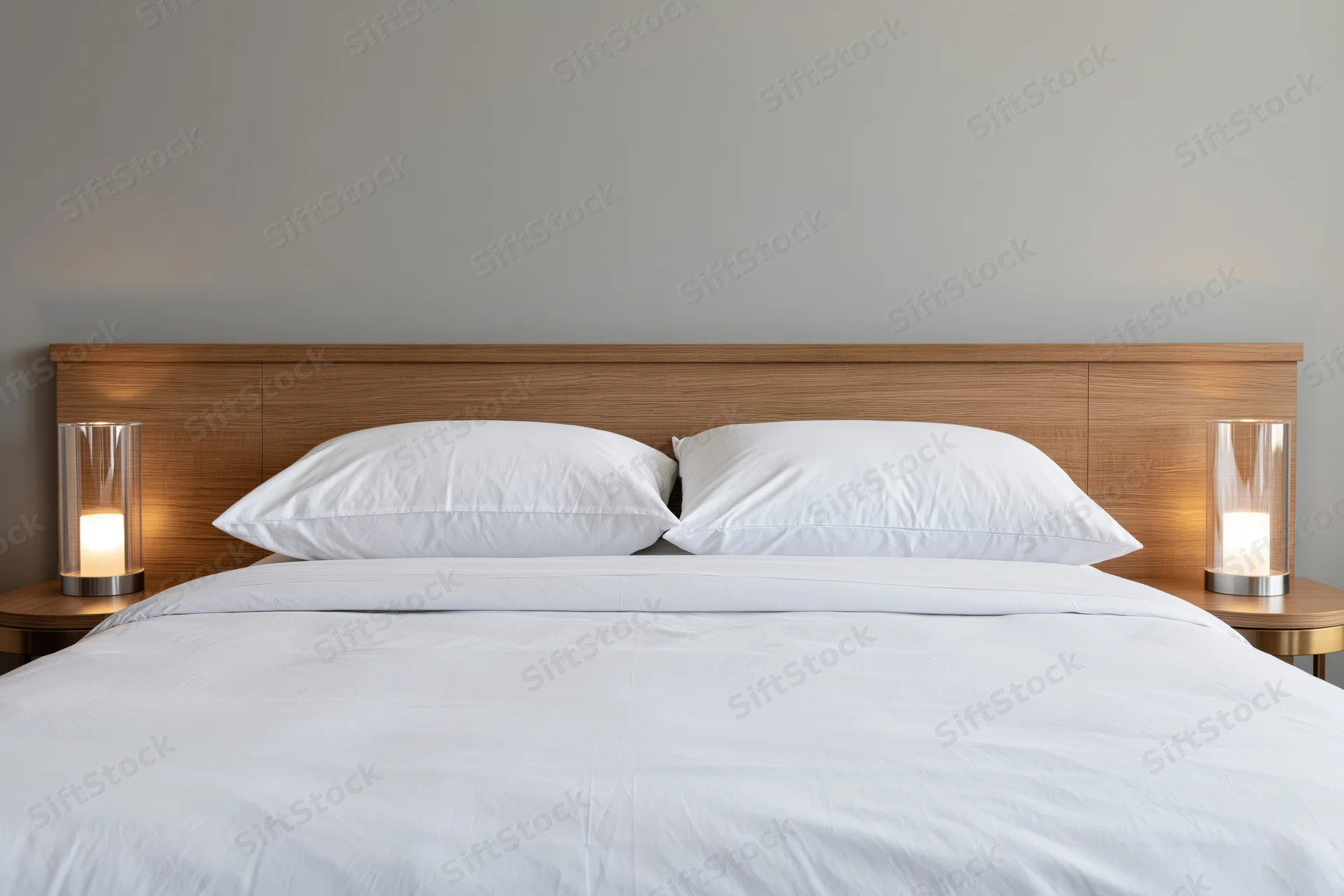 Hotel bed with white pillows and wooden headboard in a modern bedroom