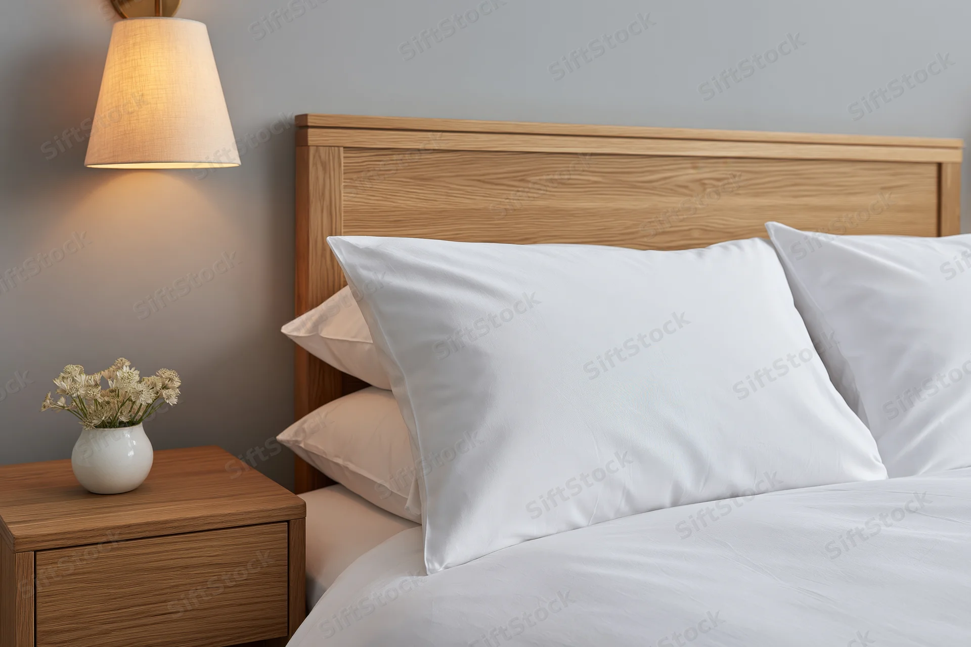 Neatly made bed with white pillows and wooden headboard beside a nightstand with lamp and vase of dried flowers in a hotel bedroom