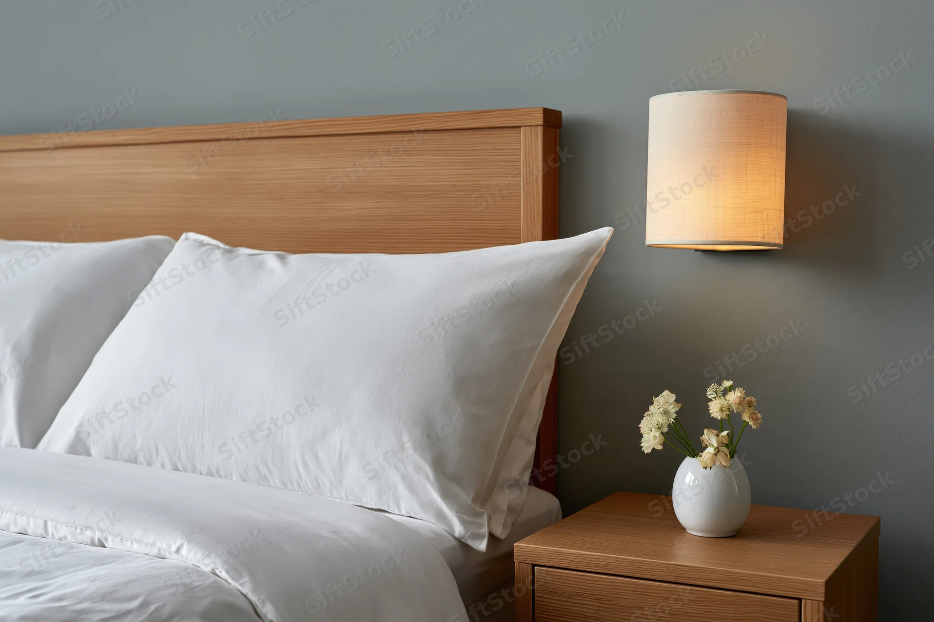 Neatly made bed with white pillows and wooden headboard beside a nightstand holding a vase of flowers under a wall-mounted lamp in a hotel room