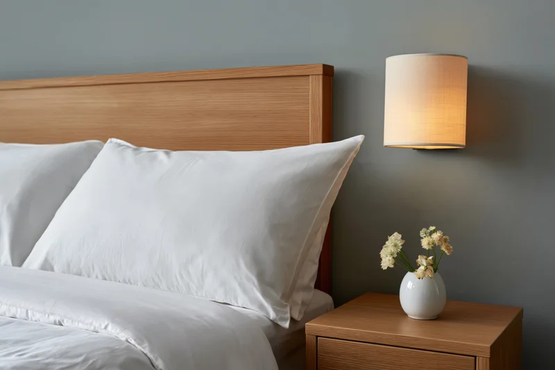 Neatly made bed with white pillows and wooden headboard beside a nightstand holding a vase of flowers under a wall-mounted lamp in a hotel room