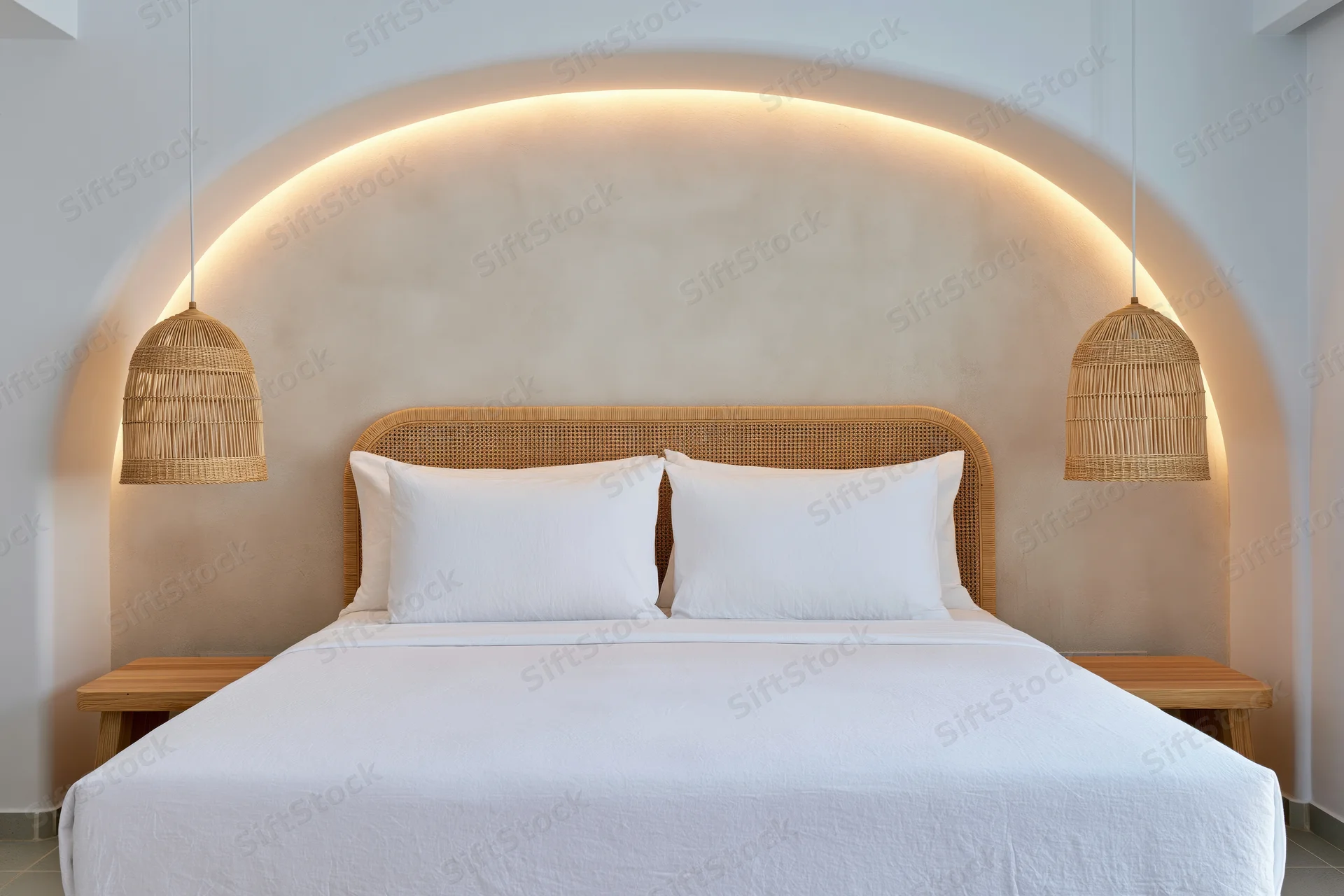 Double bed with white bedding and rattan headboard in a hotel room with arched recessed lighting and pendant lamps