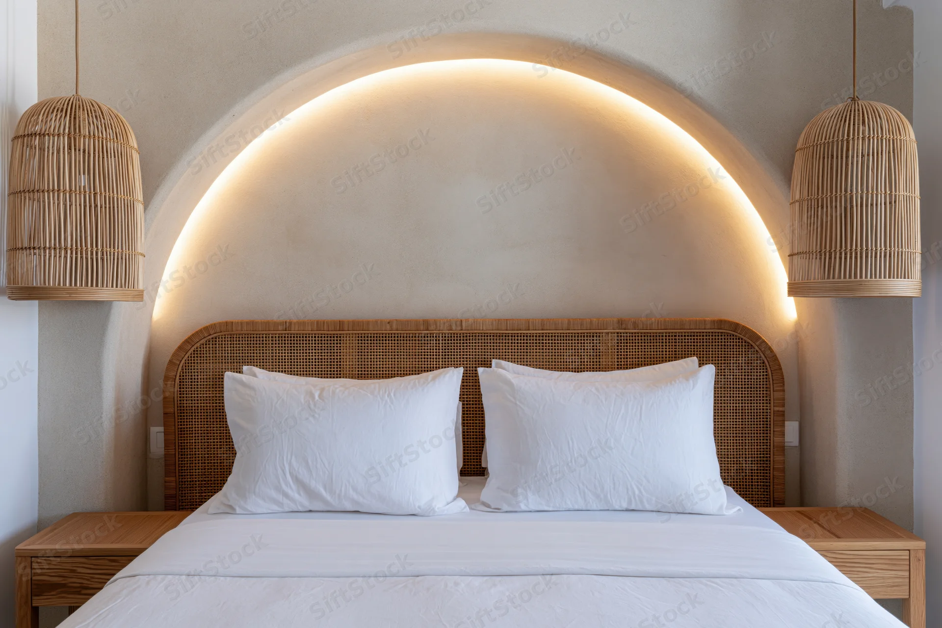 Double bed with white bedding and rattan headboard in a hotel bedroom with arched lighting and pendant lamps