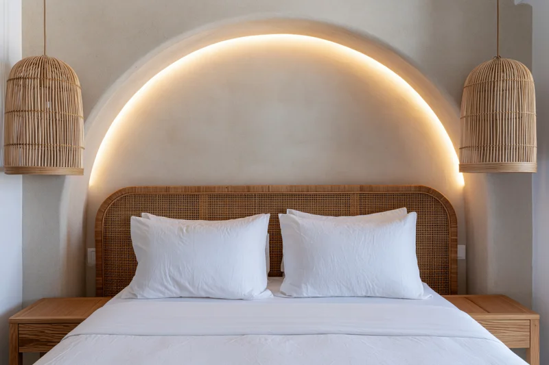 Double bed with white bedding and rattan headboard in a hotel bedroom with arched lighting and pendant lamps