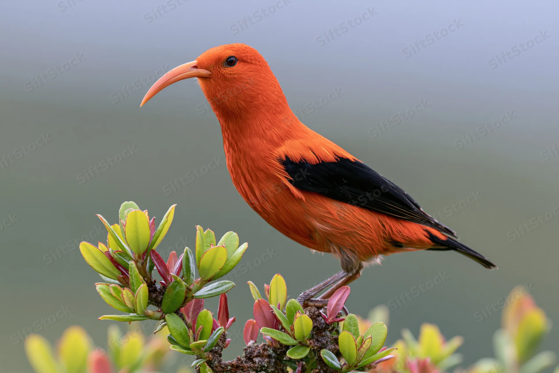 Iiwi honeycreeper perched on a branch with green foliage in a natural habitat